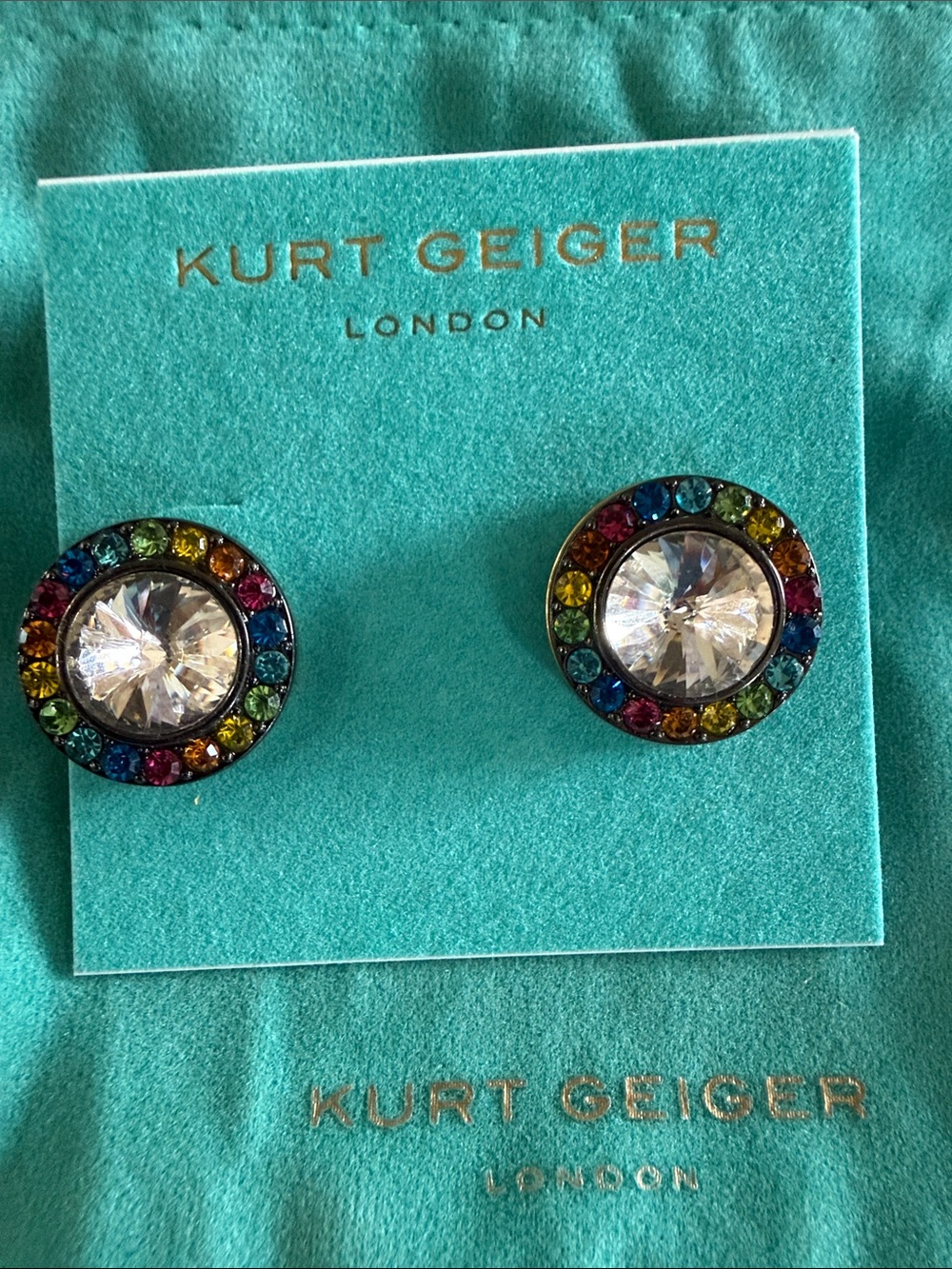 Kurt Geiger Rainbow Crystal Round Stud Earrings - Picture 2 of 3